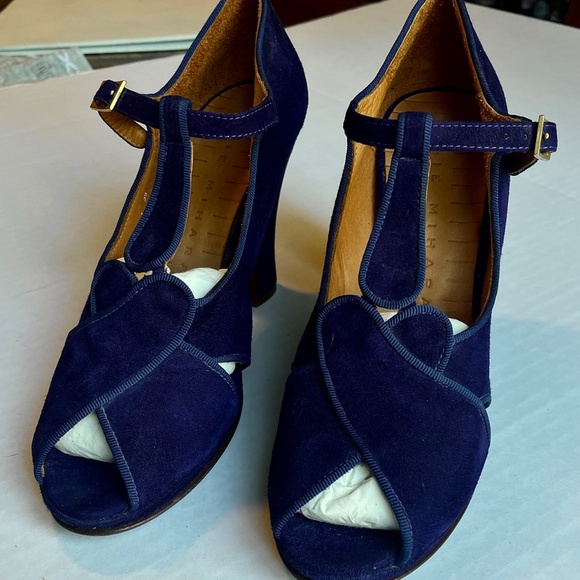 Plum Purple T-Strap Peep Toe Chunky Heel Shoes - Picture 6 of 7